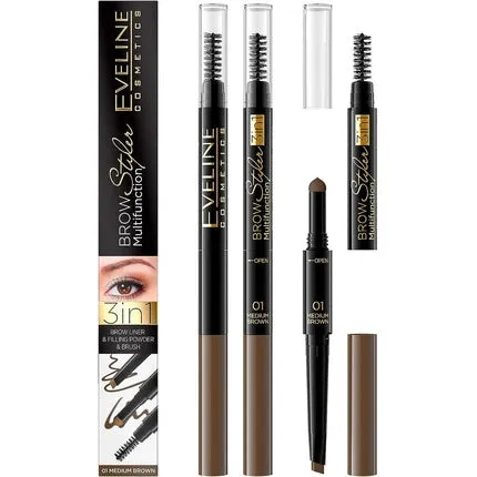 3 in 1 Eyebrow Styler Long Lasting Multifunctional Double Ended Eyebrow Pencil Definer Medium Brown Spoolie Brush Fine tip for a natural finish Brow Filling Powder Eveline Cosmetics