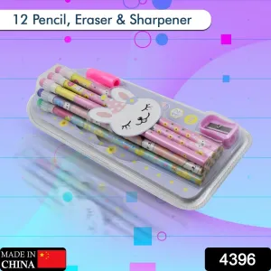 4396 Cute Rabbit Bear Drawing Graphite Writing Pencil Set with Pencil Sharpener & Eraser, Pencil and Eraser Set with Eraser for Kids, for Girls, Fancy School Stationary, Birthday Party Return Gift (14 Pc Set)