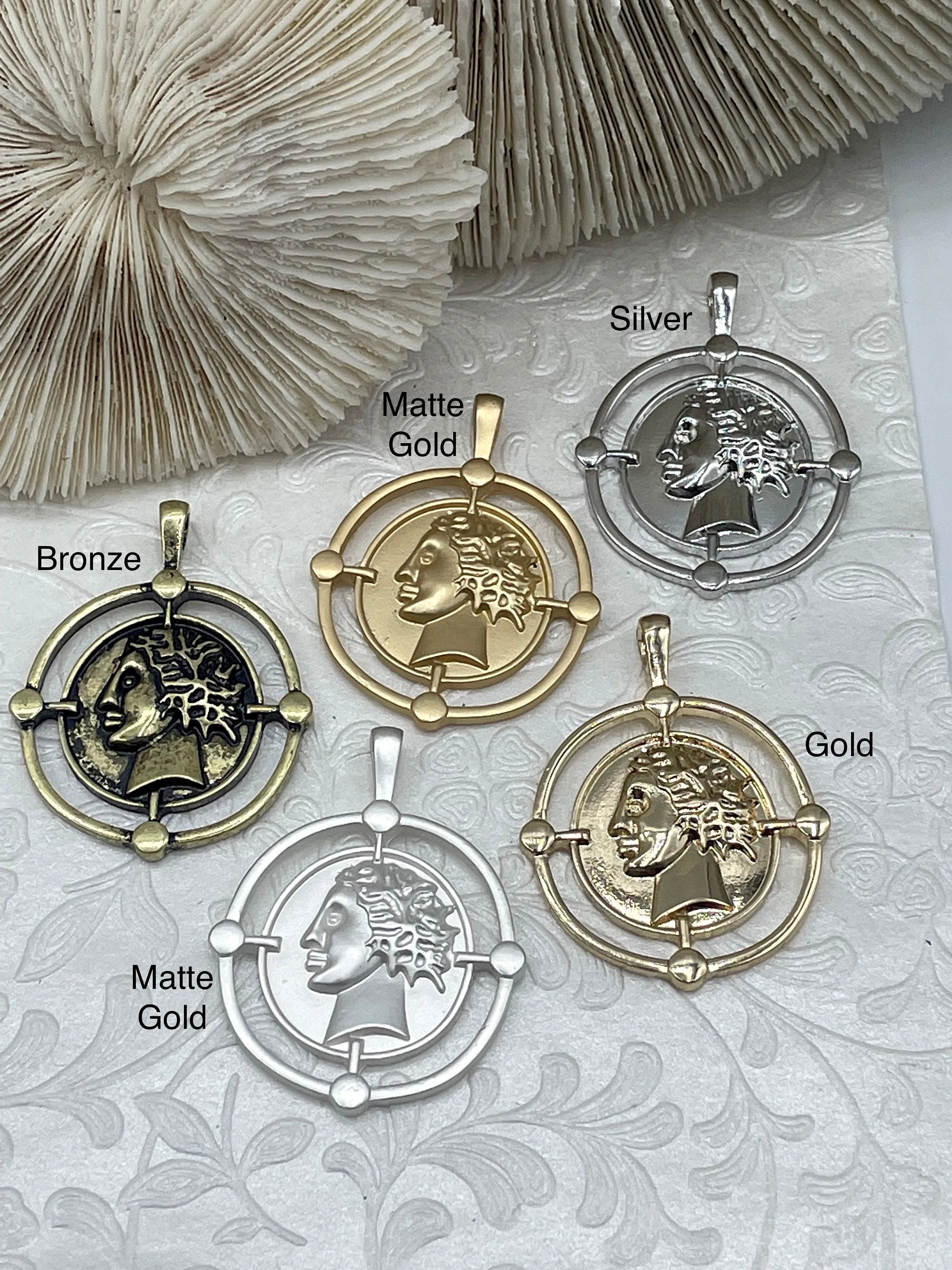 Ancient Greek Reproduction Bust Coin Pendant, Coin Pendant, Coin Charm  5 color choices  Matte Silver Coin Pendant, Matte Gold Fast Ship