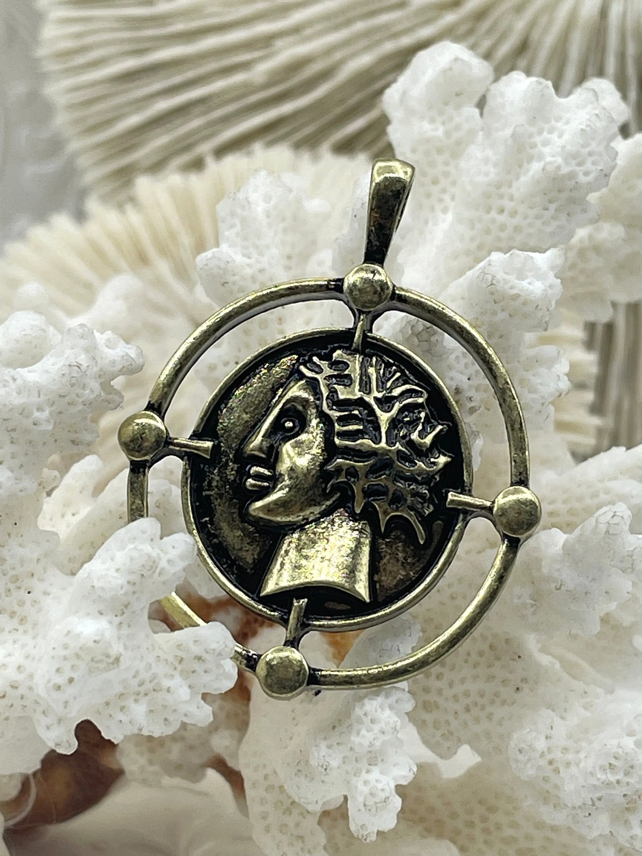 Ancient Greek Reproduction Bust Coin Pendant, Coin Pendant, Coin Charm  5 color choices  Matte Silver Coin Pendant, Matte Gold Fast Ship