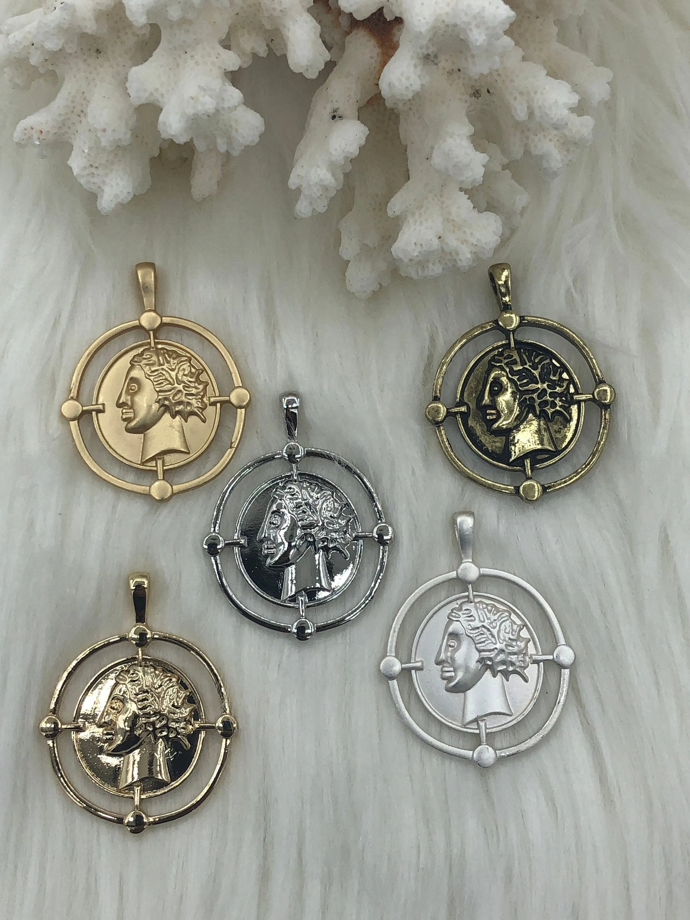 Ancient Greek Reproduction Bust Coin Pendant, Coin Pendant, Coin Charm  5 color choices  Matte Silver Coin Pendant, Matte Gold Fast Ship