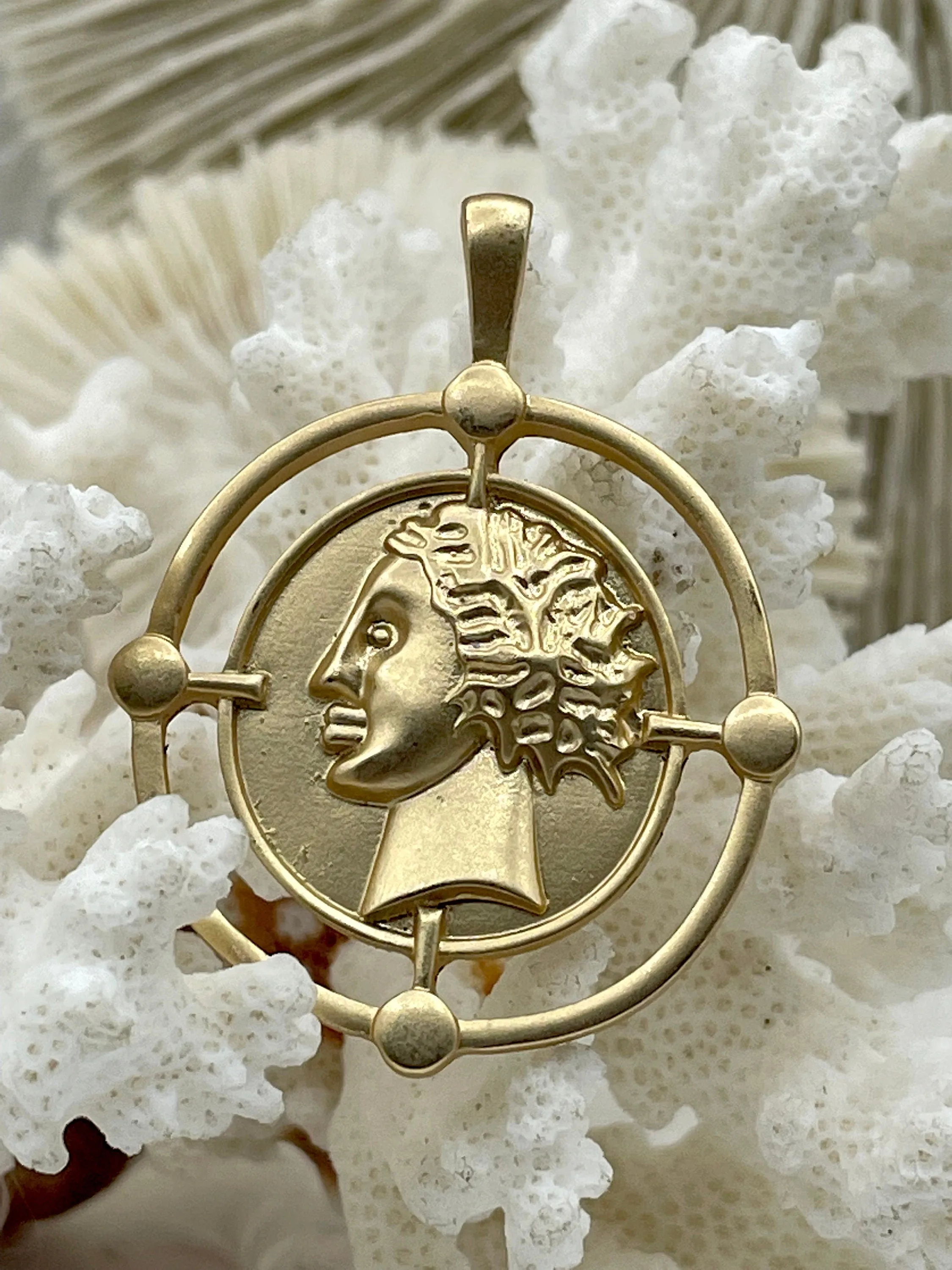 Ancient Greek Reproduction Bust Coin Pendant, Coin Pendant, Coin Charm  5 color choices  Matte Silver Coin Pendant, Matte Gold Fast Ship