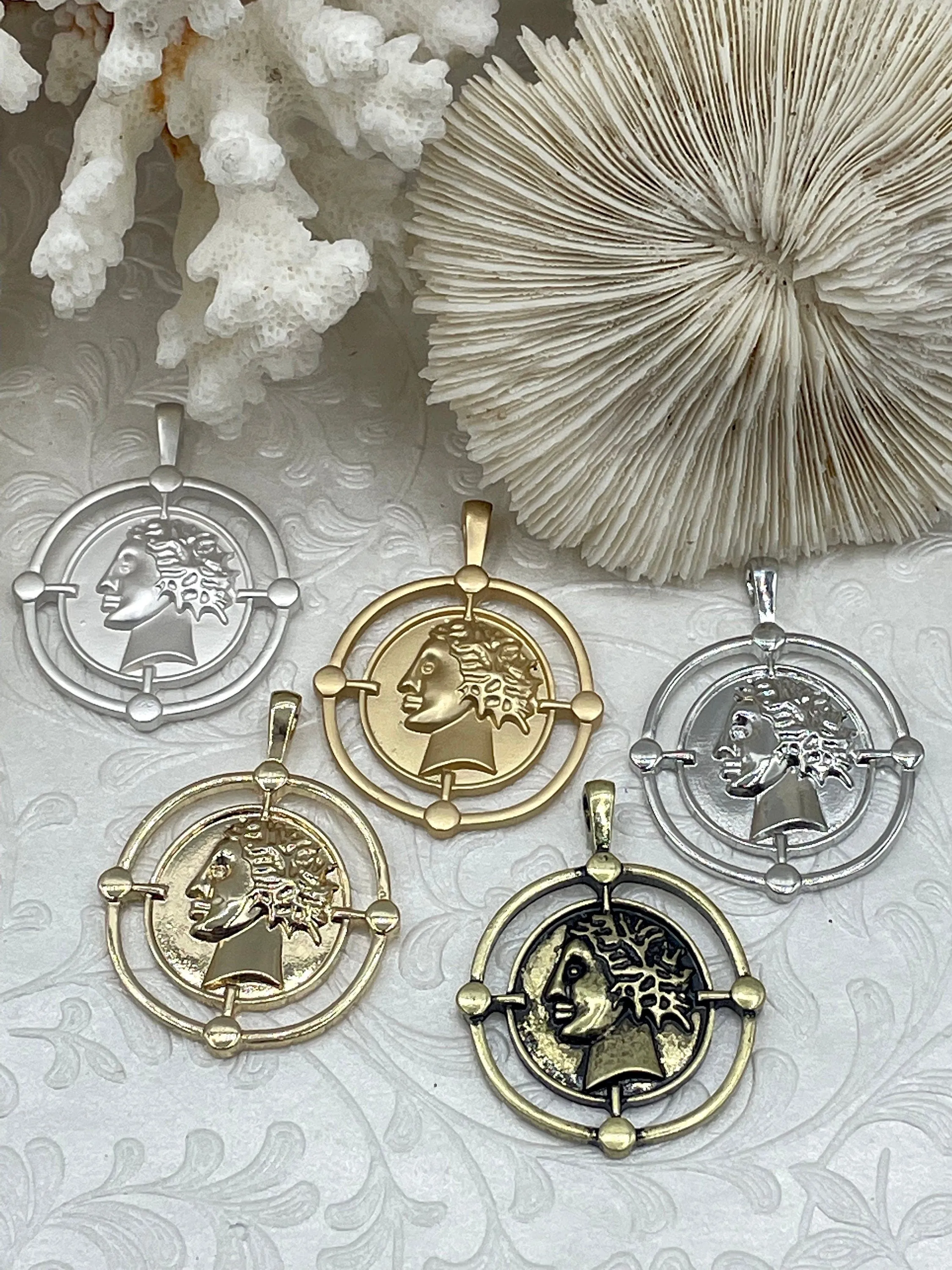 Ancient Greek Reproduction Bust Coin Pendant, Coin Pendant, Coin Charm  5 color choices  Matte Silver Coin Pendant, Matte Gold Fast Ship