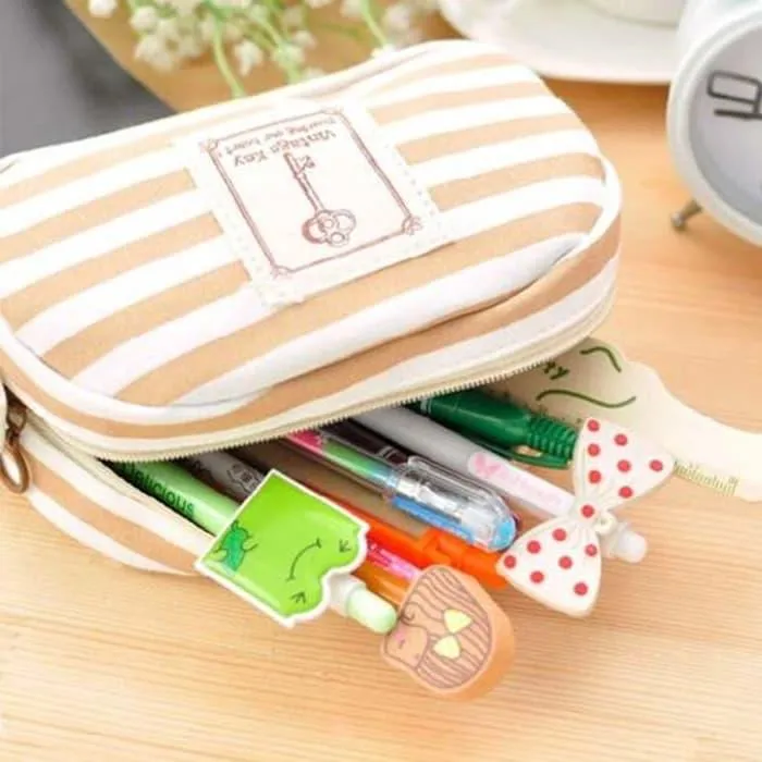 Korean Style Creative Student Navy Fashion Stripe Multifunctional Large Storage Canvas Pencil Case Stationery Bag NP-H7TAF-158
