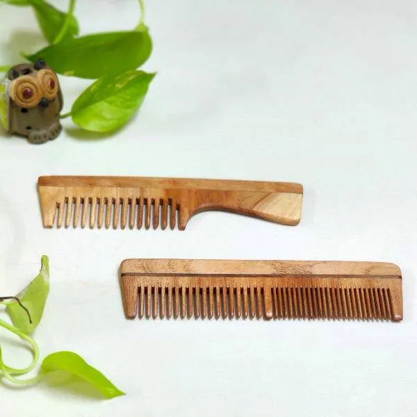 Neem Wood Combs - Handle comb & Dual teeth comb - Set of 2