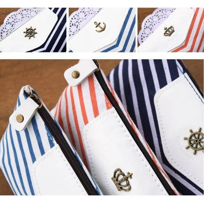 Simple Versatile Navy Crown Striped Sea Breeze Pencil Case Pencil Case Pen Case Canvas Pen Case Storage Bag Orange