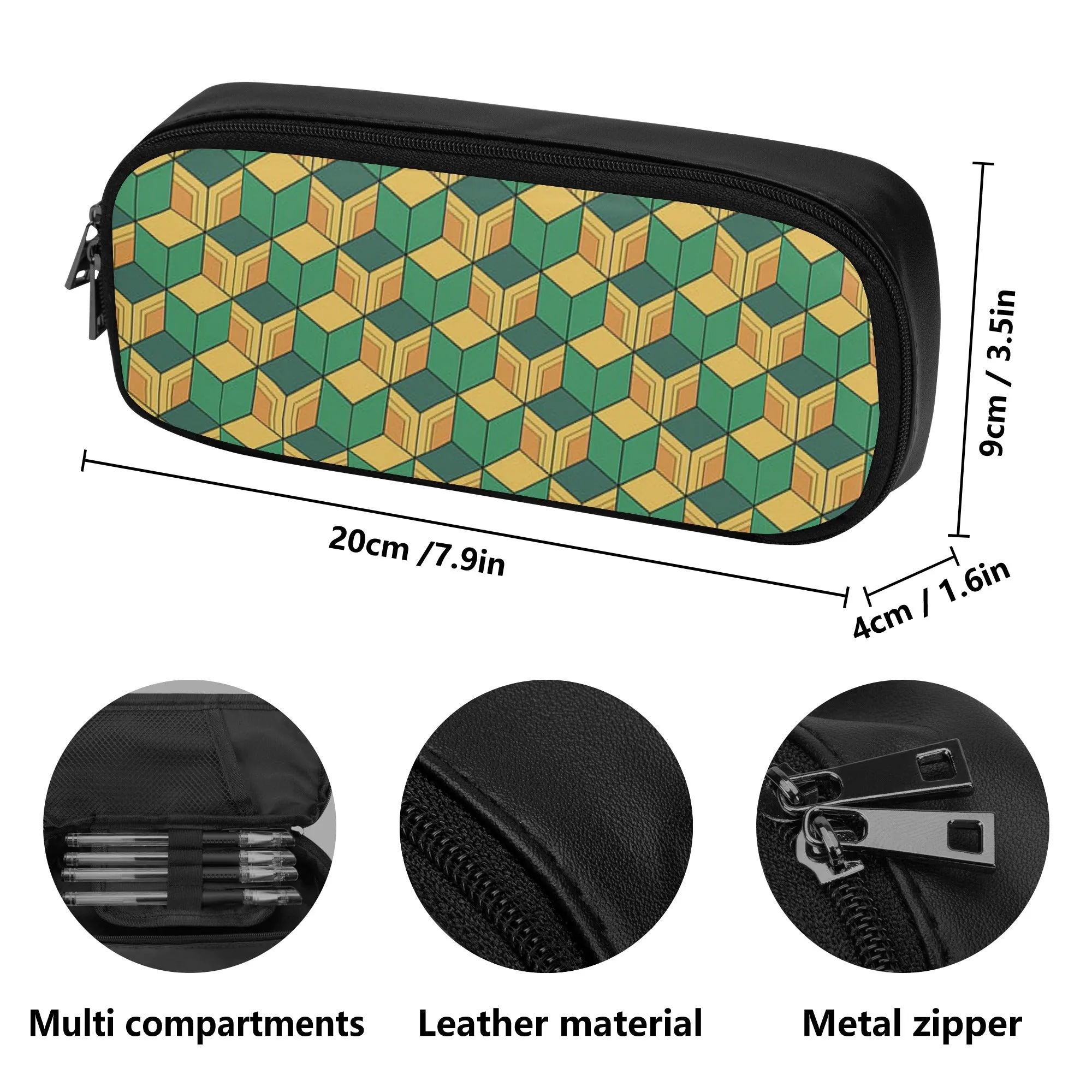 Stylish PU LEATHER Pencil Case for Tweens & Teens. Back to School Supplies. Anime inspired Green Yellow Pencil Case